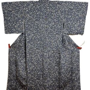 【27】袷 小紋 ちりめん 正絹 新古品 ブルーグレー 友禅染 草花 洒落