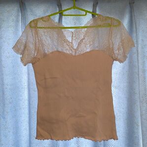 Heather レース切り替えリブトップス 半袖 ベージュ フェミニン