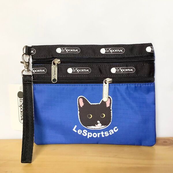レスポートサック NEWNEW 猫柄 2段ファスナーフラットポーチ ブルー 収納