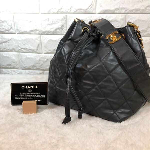 CHANEL チェーンショルダーバッグ 巾着 ターンロック ココマーク ブラック