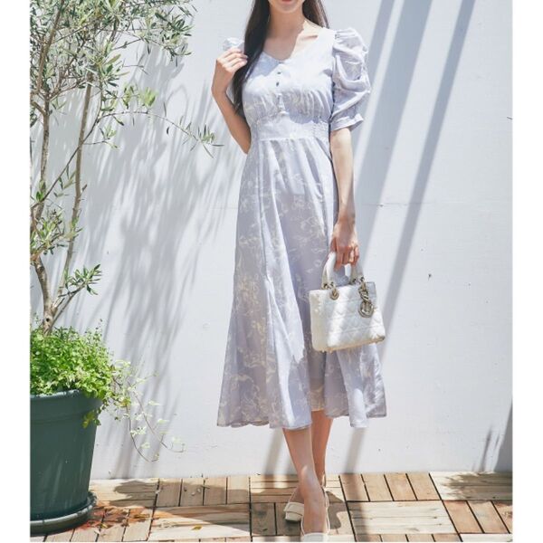 tocco closet トッコクローゼットラインフラワープリントギャザースリーブマーメイドワンピース【settia セティア】
