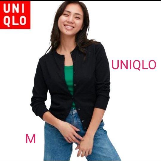 UNIQLO UVカットクルーネックカーディガン ブラック M レディース UVカット機能付き 冷房対策 透け感なし