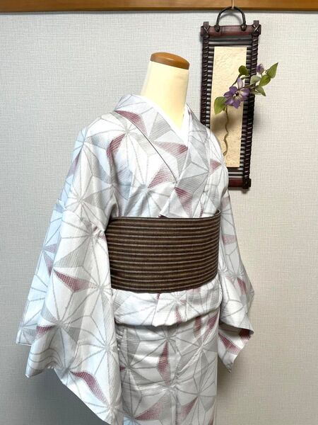 洗える着物 ポリエステル小紋 麻の葉 身丈(肩から)166㎝ 既成のLサイズ