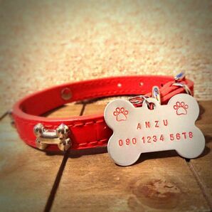 アルミ製迷子札付き★レッド Sサイズ★かわいい骨の飾り付き犬用首輪