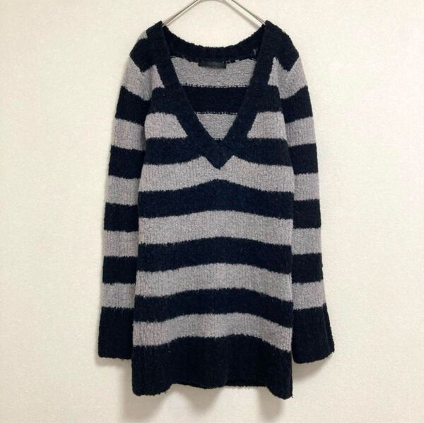 マウジー MOUSSY ウールブレンド ボーダー ニット セーター 長袖 Vネック 【F】 黒 グレー