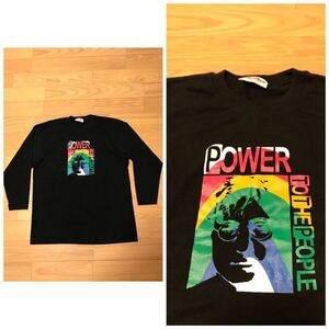 着用少な目.美品☆JOHN LENNON／ジョンレノン LOVE&PEACE L相当 ロンTロングスリーブTシャツ POWER TO THE PEOPLEプリントTee シングル縫い