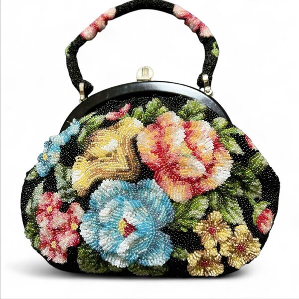 【美品】ヴィンテージ がま口ビーズバッグ 花柄 両面刺繍 総ビーズ レトロ 和装 アンティーク