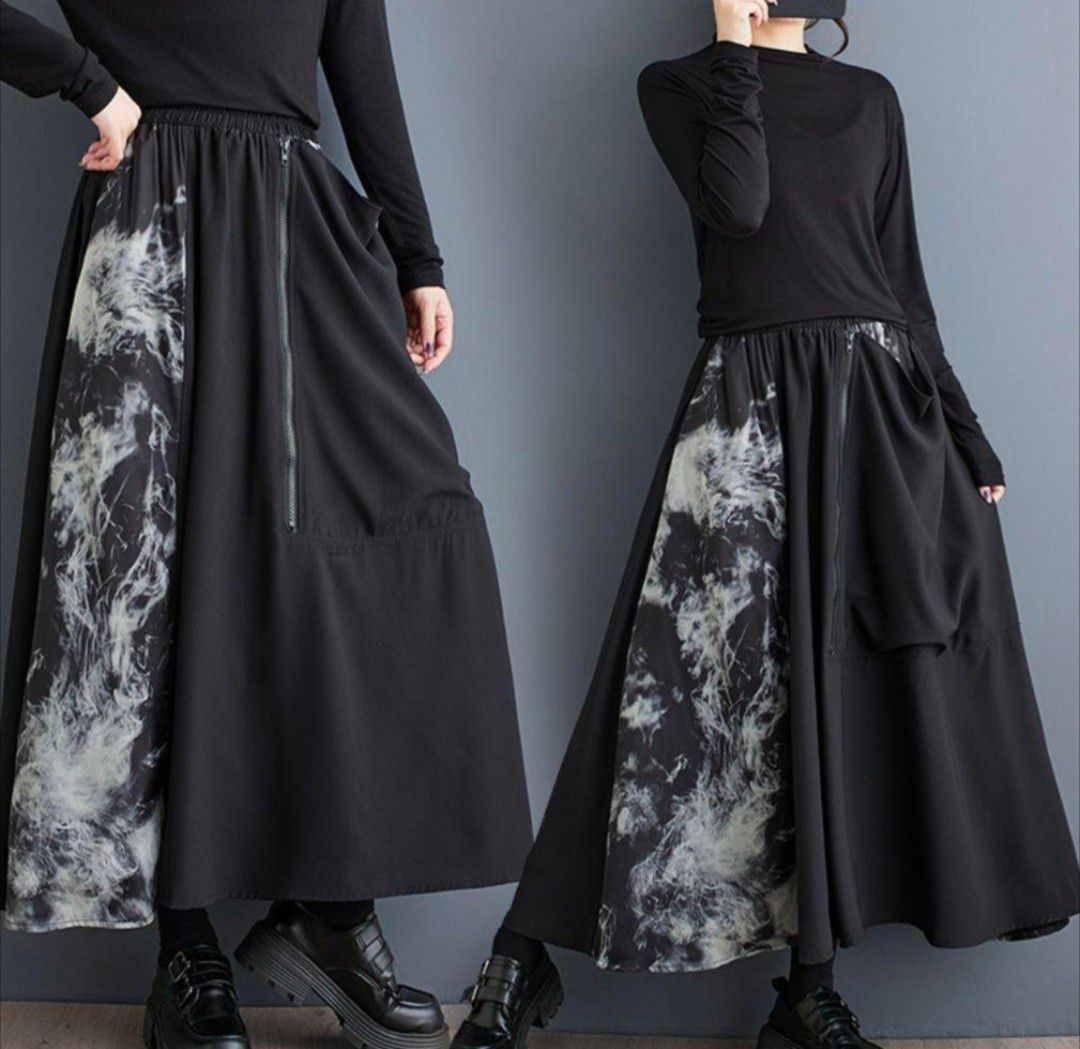 ロングスカート　フレアスカート　Aライン　アシンメトリー　個性的　マーブル模様 ウエストゴム