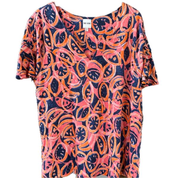 18000円位【NICーZOE】ニックゾー◆レディースL【オレンジ×ピンク×デニムブルー柄物V衿フリル半袖Tシャツ カットソー】