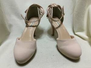 C8242*Feminine Cafe*L size * beige pink high heel back ribbon separate pumps * ankle strap 