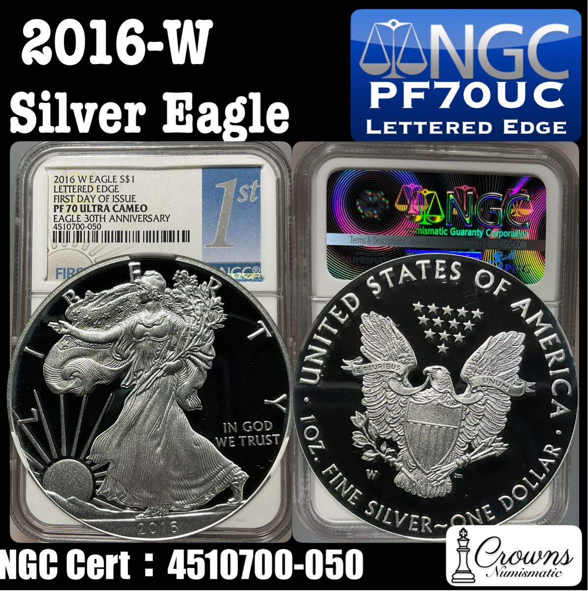 2016 アメリカ イーグル銀貨　NGC PF70 Lettered Edge 30th silver eagle cameo