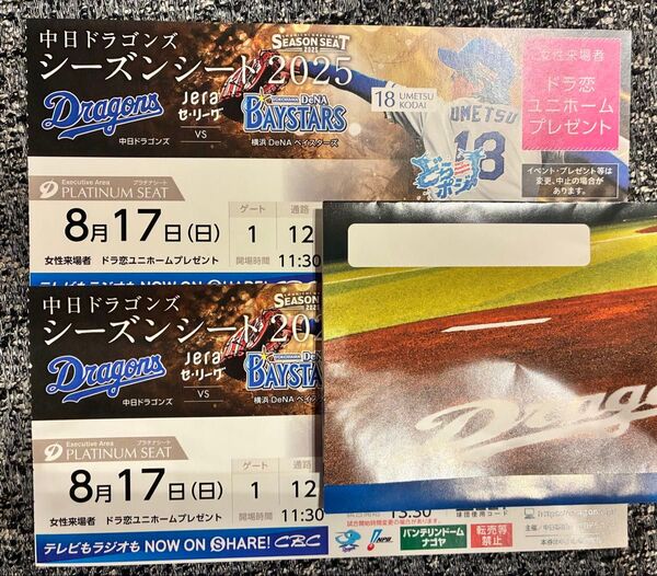 8月17日(日)中日ドラゴンズvsDeNA 8/17 プラチナシート チケット2枚