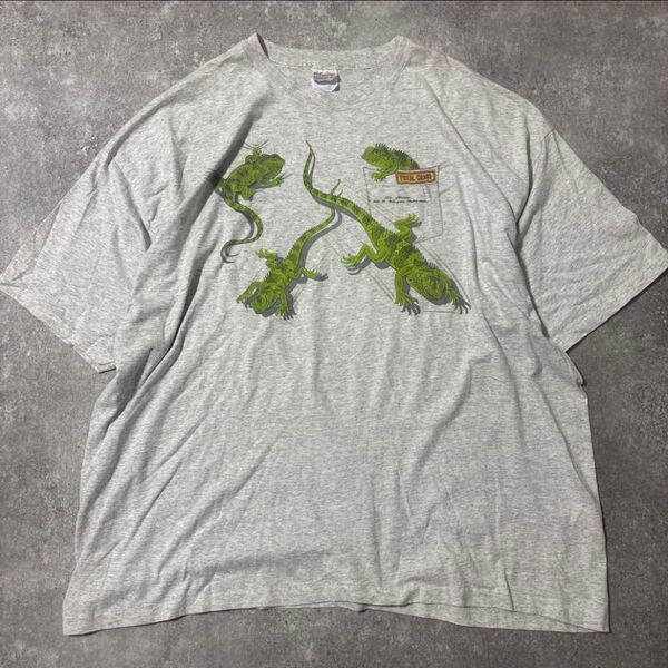 90s トカゲ 動物 プリント シングルステッチ ゆるだぼ グッドデザイン Tシャツ 半袖 古着 アメカジ ビッグサイズ