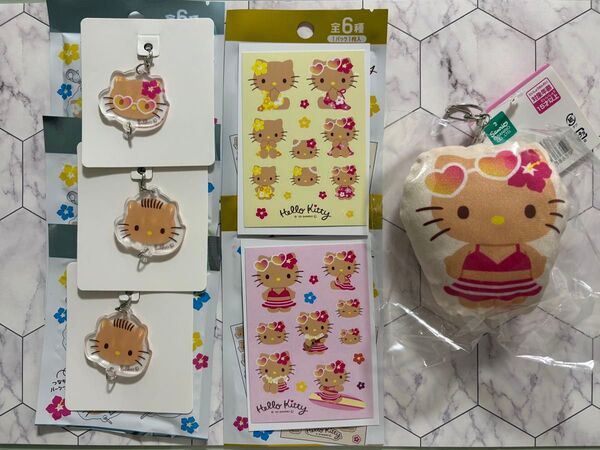 日焼けキティ 6個セット ハローキティ シール アクリルミニチャーム クッションキーホルダー サンリオキャラクターズ
