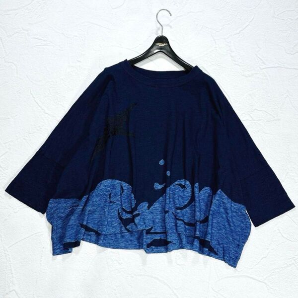 45R 45rpm インディゴ染め ビッグ Tシャツ 鶴 刺繍 ワイド ドルマンスリーブ 藍染め オーバーサイズ カットソー