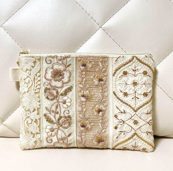インド刺繍リボン フラットポーチ ファスナー20㎝ ハンドメイド