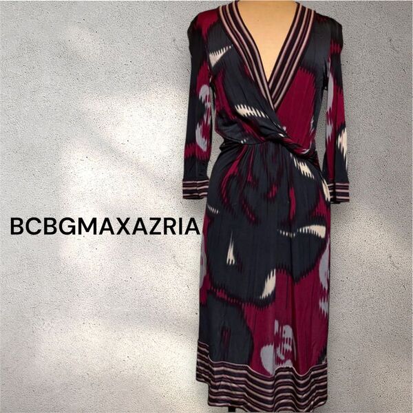 BCBGMAXAZRIA ワンピース ドレス カシュクール ミディ丈 七分袖 ストレッチ 花柄