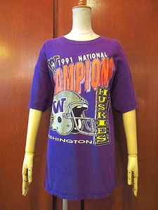 ビンテージ90’s●1991年WASHINGTON HUSKIES大判プリントTシャツ紫size XL●200831s4-m-tsh-ot古着フットボールワシントンハスキーUSA