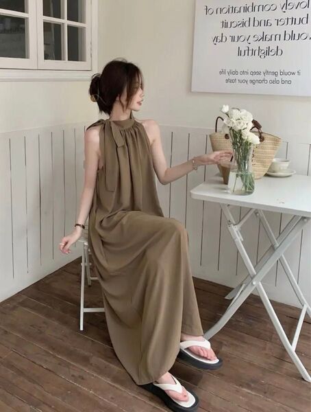 【新品】レディース ノースリーブワンピース ホルターネック リボン ロング丈 ポケット付き 春夏秋 フランス風オフショルダードレス