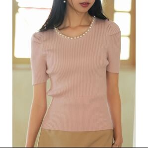 パールネックリブニットトップス ピンク リブ