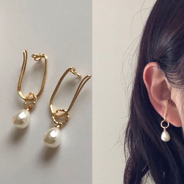 再販 雫パール イヤーカフ 両耳 イヤリング シンプルアクセサリー