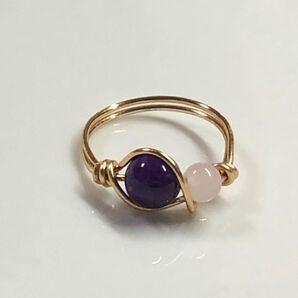 再販◆アメジストとローズクォーツのワイヤーリング◇サイズオーダー◇指輪◇天然石