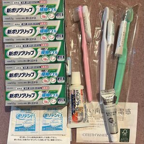 旅行用歯磨きセット、携帯用歯磨き粉、携帯用入れ歯安定剤、入れ歯洗浄剤、旅行小物等。
