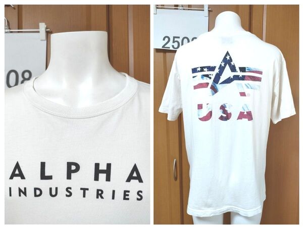 アルファ半袖TシャツM ホワイト バックUSAアメリカ国旗モチーフ ALPHA INDUSTRIESフロントロゴプリントも状態良好