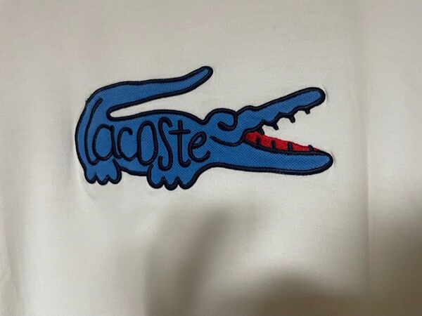 【必見・刺繍系、青ラコステ】LACOSTEビックロゴ Tシャツ Mサイズ相当 Blue