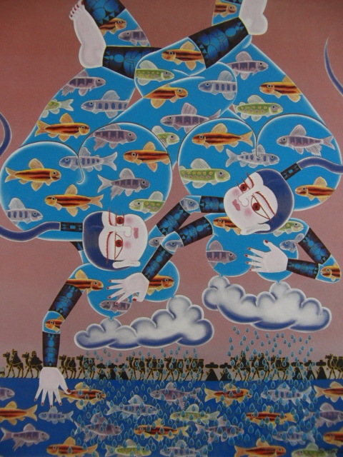 田崎昭作、飛天・地天、希少画集画、新品高級額・額装付、状態良好