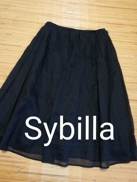 Sybilla シビラ 綿100%コットンスカート 薄手 裏地つき フレアスカート 軽やか 涼しい M レディス 黒ブラック無地