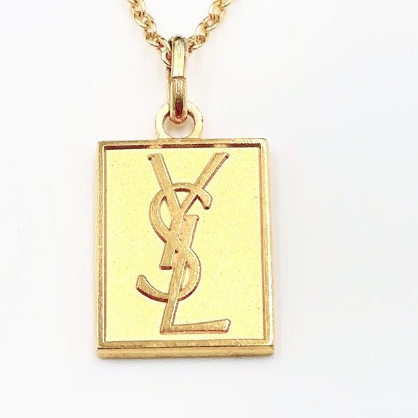 美品 YVES SAINT LAURENT イヴサンローラン ヴィンテージ YSL ロゴ プレート GP ネックレス ゴールド