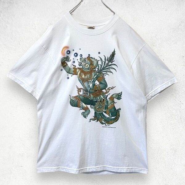 グラフィックTシャツ L 白T ビッグプリント タイ 神話 アートT 古着