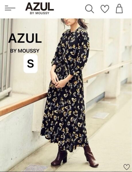 美品 AZUL by moussy AW ボタニカル フラワー柄 花柄 ギャザー マキシ丈 ロング ワンピース BLK S