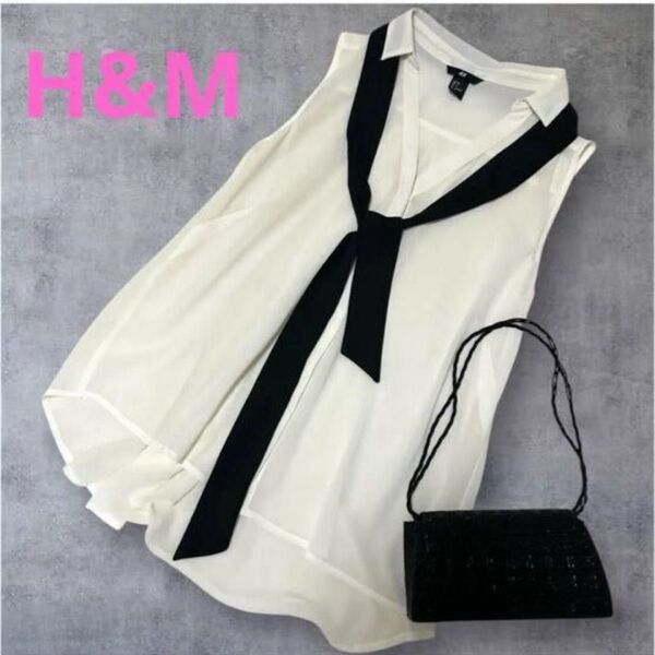 H&M (エイチアンドエム)ノースリーブシャツブラウス レディーストップス 白(ホワイト) 無地