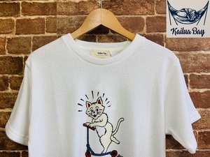 ★表記XL/新品！パイル地.Kailua Bay.猫.タオル地.キャラクタープリントTシャツ.白.サーフサーファー西海岸カリフォルニアアメカジスタイル