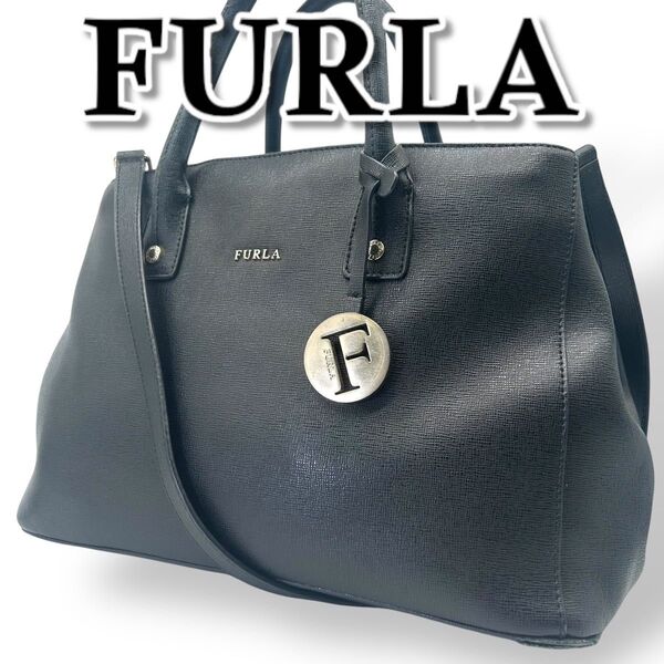 FURLA フルラ ショルダーバッグ 2way レザー 肩掛け ブラック ハンドバッグ クロスボディ チャーム付き 黒