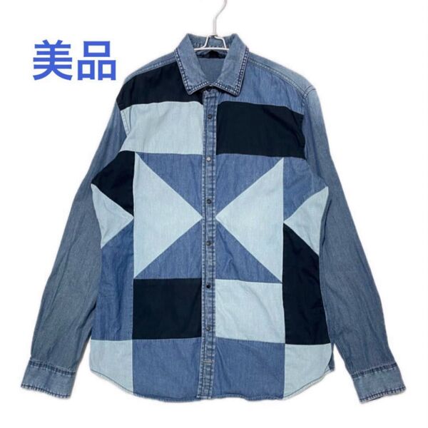 ディーゼル デニムシャツ パネル切替シャツ パッチワーク メンズ長袖シャツ XL インディゴ シャツ