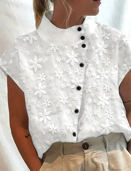 花柄刺繍トップス ホワイト ブラウス 半袖