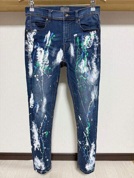 伸縮性強め 春夏 ペイント ZARA MAN ストレッチ スキニー 38 ダメージ デニム メンズ パンツ ジーンズ ネイビー