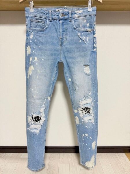 春夏カラー ZARA MAN ヒョウ柄 ヘビ柄 ブリーチ デニム ダメージ スキニー メンズ リペア ストレッチ パンツ ジーンズ