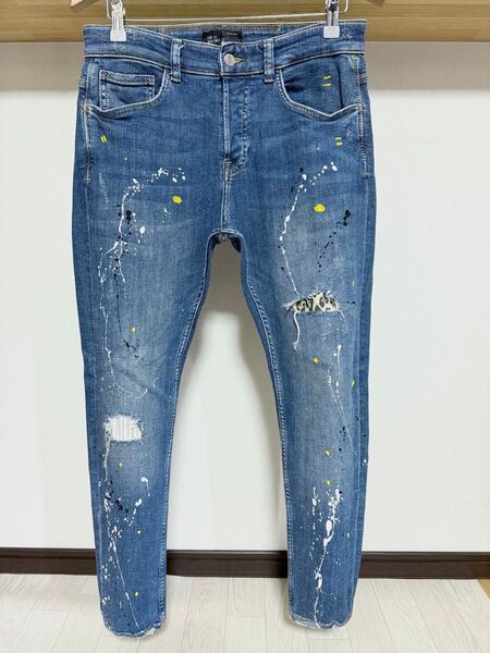 伸縮性強め 柔らかめ ペイント ZARA MAN ストレッチ ヒョウ柄 デニム ダメージ メンズ スキニー パンツ ジーンズ