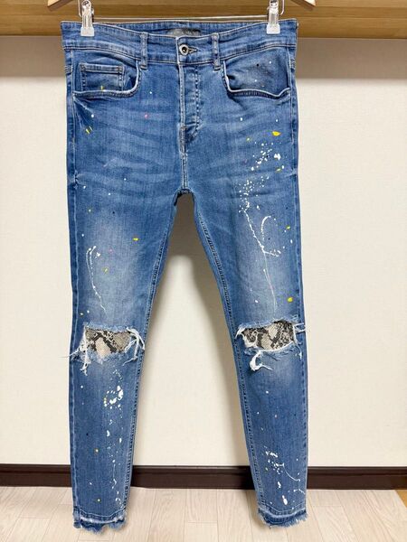 柔らかめ 春夏 ペイント ZARA MAN ヘビ柄 カットオフ ストレッチ スキニー ダメージ デニム ジーンズ メンズ パンツ