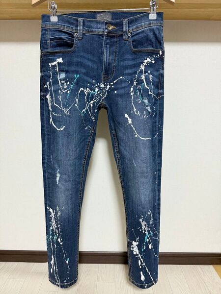 伸縮性抜群 春夏 ペイント ZARA MAN ストレッチ スキニー 40 ダメージ デニム メンズ パンツ ネイビー ジーンズ