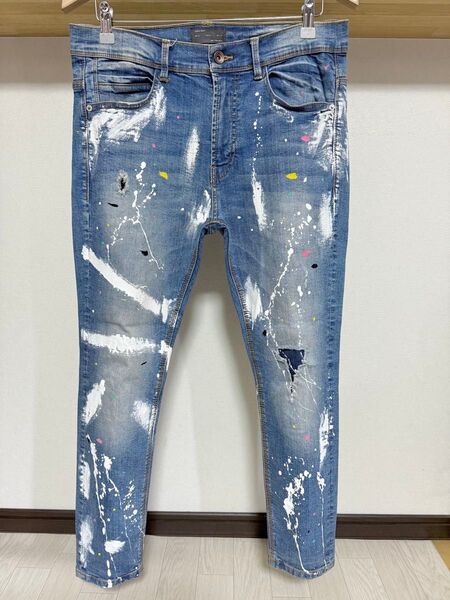 伸縮性強め ペイント ZARA MAN ストレッチ デニム 42 32 ウルトラ スキニー ダメージ パンツ メンズ ジーンズ