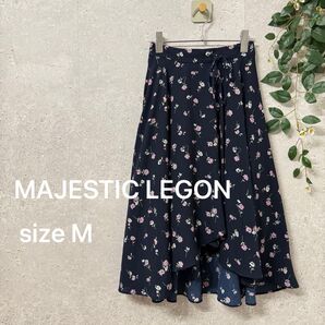 MAJESTIC LEGON 小花柄 イレヘムフレアスカート (M) 濃紺 ミディ丈