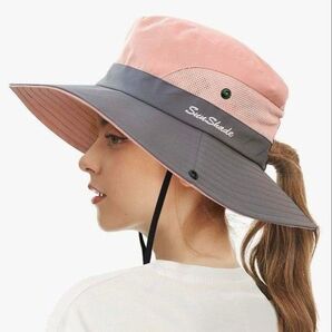 サファリハット ピンク×グレー ポニーテール対応 サファリハット