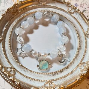 【相場以下!】天然石ブレスレット ブルー グリーン パール 貝殻 月 星 チャーム付き