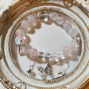 【相場以下!】天然石ブレスレット クリア&ピンク リボン 蝶チャーム アクセサリー