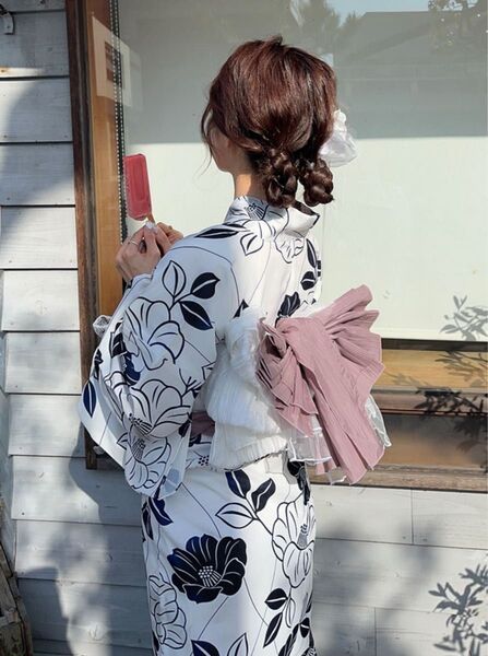 椿浴衣セット 兵児帯 ピンク ネイビー ホワイト 大人花柄 古典花柄 和柄 モダン
